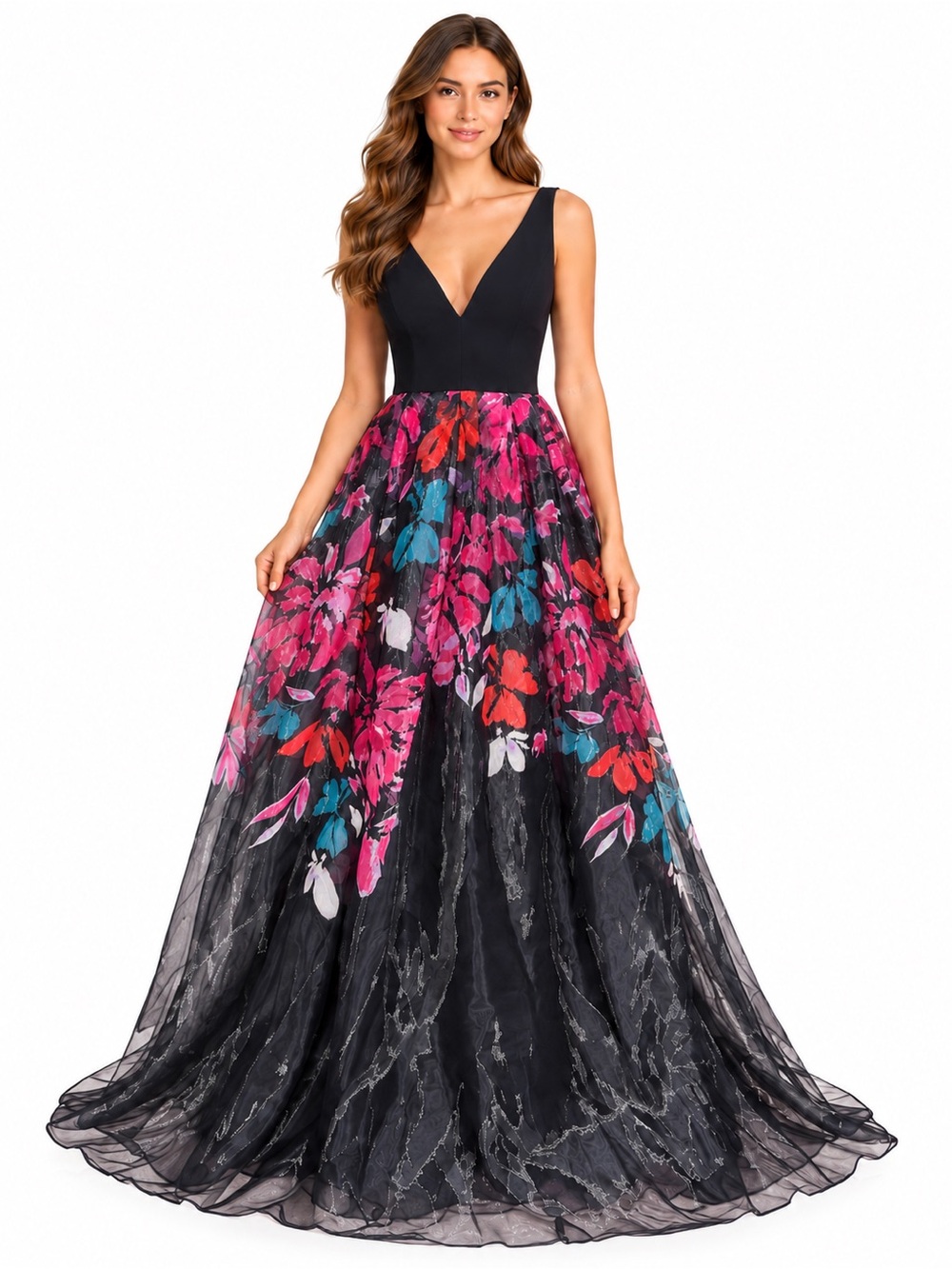 Eliza J Black V-Neck Ball Gown with Pink, Teal & Red Floral Skirt